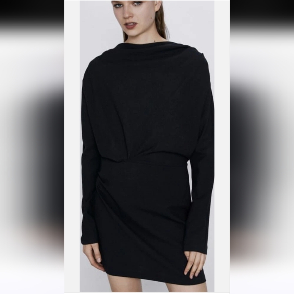 Zara black gathered long sleeves mini dress